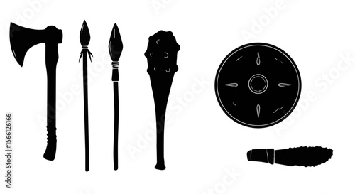 Illustration of various medieval weapons including axe spears mace shield and brush tool set up