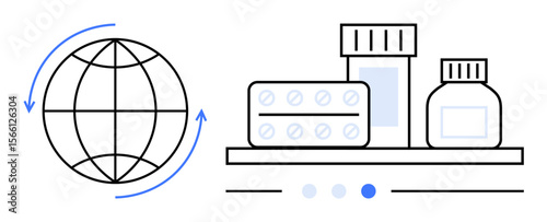 Globe with circular arrows and medicine containers on shelf representing global healthcare access, medication delivery, pharmaceutical trade, e-commerce, innovation, sustainability, simple landing