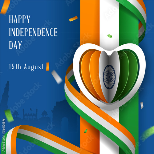 happy independence day creative social media post design with tricolor ribbons and paper heart on blue background