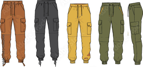 Cargo jogger pants design flat sketch, multiple color variations, urban streetwear style, drawstring waist, side pocket detail illustration flat vector illustration