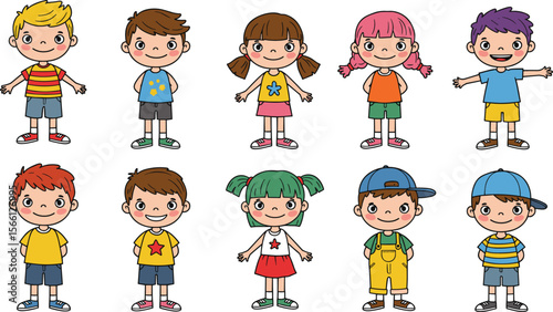  Cartoon collection of happy children, boys and girls, colorful clothes, standing, smiling, playful poses, isolated on white background flat vector illustration