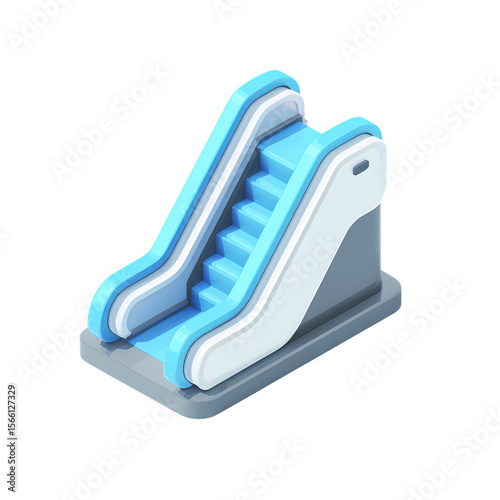 A 3d blue and white isometric escalator isolated on transparent background