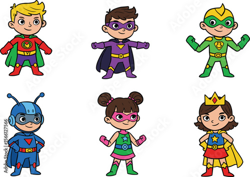 Cartoon illustration of superhero kids, boys and girls in colorful costumes, capes, masks, heroic poses, isolated on white background flat vector illustration