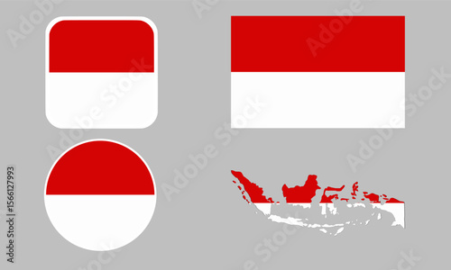 A set of Indonesia flag icons. A set of flags in square, rectangular, round and map shapes. Flag icons.