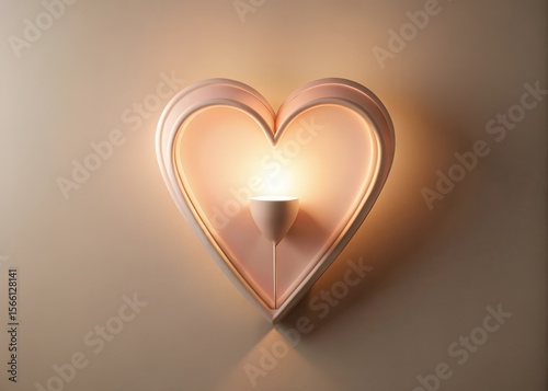 Heart shaped wall sconce in pastel pink on light beige wall casting glow