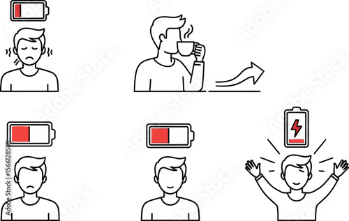 Energy boost concept with low battery and full battery after coffee recharge vector illustration vector illustration