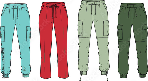  Colorful flat sketch of jogger pants, cargo trousers with pockets, drawstring waist, cuffed hem design, fashion vector illustration flat vector illustration