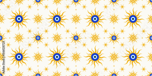 Evil eye seamless pattern. Turkish vector background with blue beads and sun. Greece magic nazar. Symbol of protection and luck. Ethnic cute amulet mystic wallpaper with astrology ornament