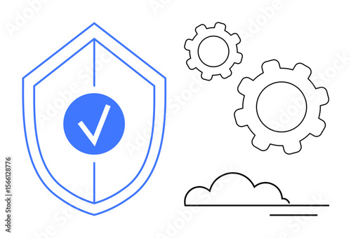 Shield with checkmark, gears, and cloud conveying security, innovation, technology. Ideal for data protection, cloud computing, cybersecurity, automation system maintenance IT solutions simple