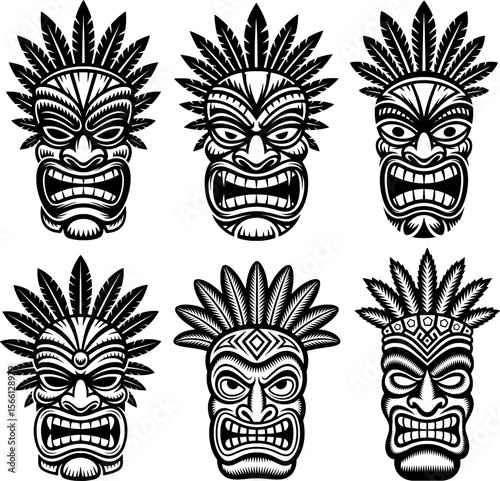 Bold tribal linocut black-and-white vector of fierce tiki mask with palm fronds crown, ideal for summer-themed designs