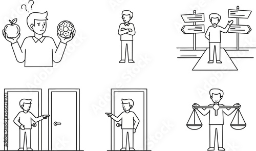 Making tough decisions concept with choice dilemma and options vector illustration line art drawing vector illustration