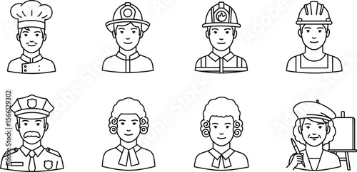 Professions outline icons vector illustration set of chef firefighter police artist and other jobs vector illustration