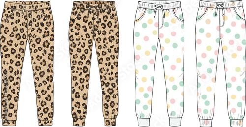 Fashion flat sketch of women’s jogger pants, leopard and polka dot patterns, front view, stylish casual wear, trendy apparel design flat vector illustration