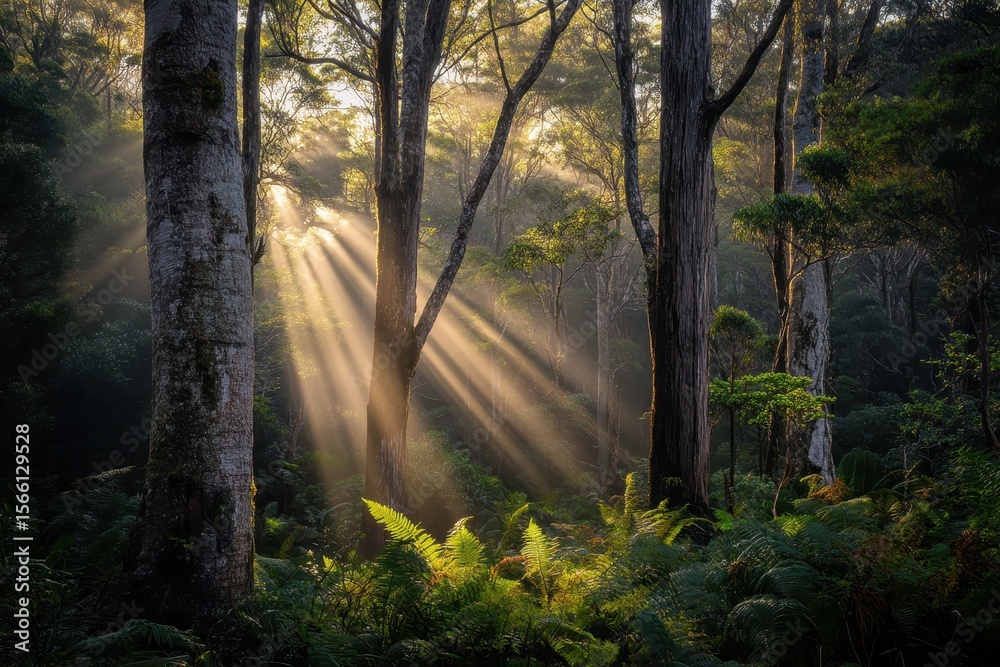 Fototapeta premium Sunlight streams through trees in Tasmania forest revealing vibrant greenery and serene atmosphere, Sunlight through trees in Tasmania forest Sun rays in wild Australia nature