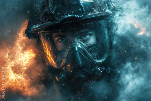Determined Firefighter Breaking Through Walls of Smoke