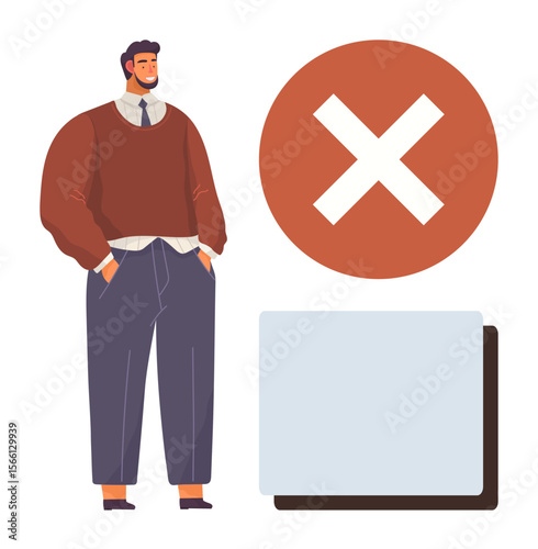 Man in casual attire beside a large red cross and blank rectangle, symbolizing rejection or cancellation. Ideal for decision-making, error, rejection, feedback, warning, alert simplicity themes. A