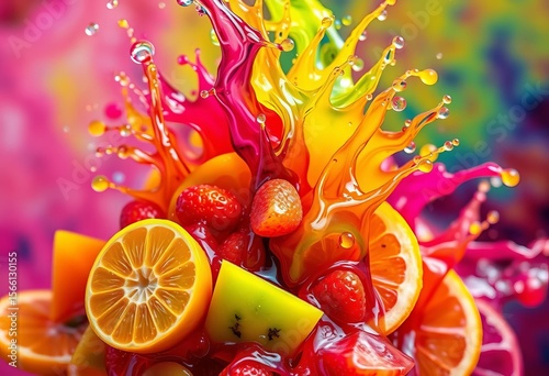 Vibrant fruit pieces bursting with colorful liquid,  explosion effect,  refreshment