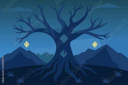 ancient tree with glowing runes at dusk