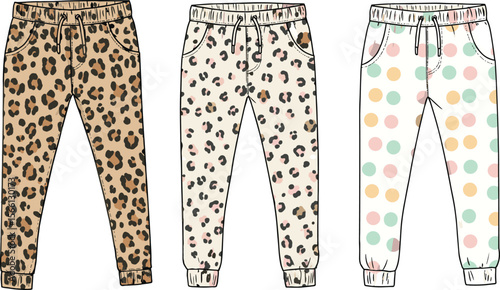 Fashion flat sketch of women’s jogger pants, leopard and polka dot print designs, stylish casual wear, front view illustration flat vector illustration