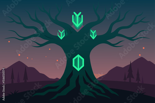 ancient tree with glowing runes at dusk