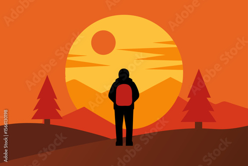 backpacker on trail with sunset view