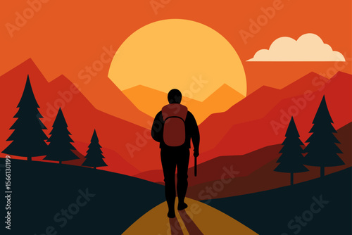 backpacker on trail with sunset view