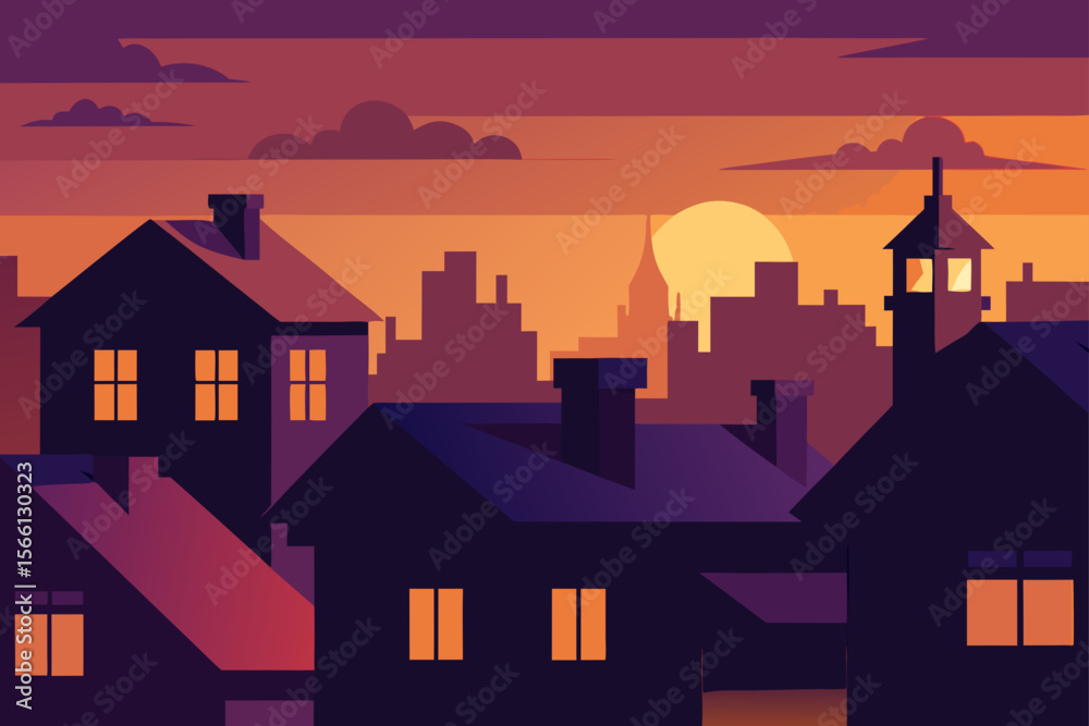 Fototapeta premium city rooftops glowing in evening sunset