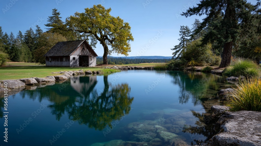 Obraz premium Serene Barn by Tranquil Water Under Clear Blue Sky