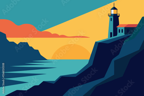 coastal cliffs with lighthouse at sunrise