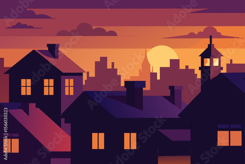 city rooftops glowing in evening sunset