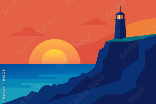 coastal cliffs with lighthouse at sunrise