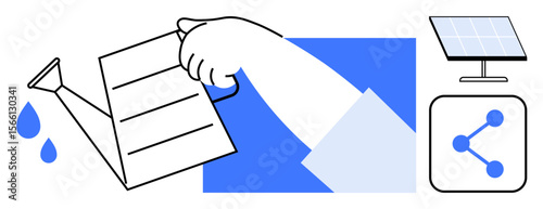 Hand holding watering can releasing water, solar panel, and share icon. Ideal for sustainability, growth, resource management, renewable energy, eco-consciousness, innovation and a simple landing