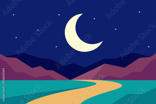 crescent moon rising over quiet valley