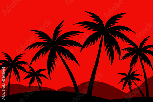coconut tree silhouettes against red sky