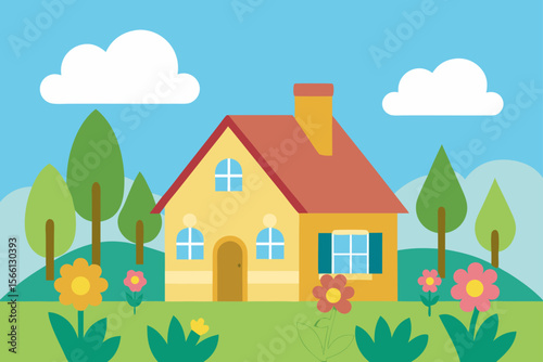 countryside cottage among spring flowers
