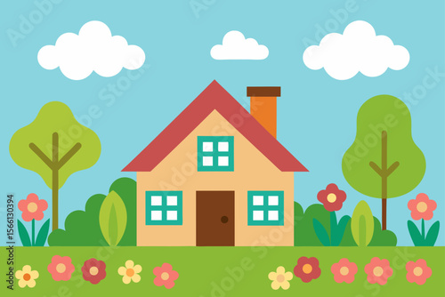 countryside cottage among spring flowers