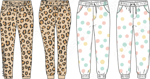 Fashion flat sketch of women’s jogger pants, leopard and polka dot prints, front and back view, casual trendy clothing design flat vector illustration