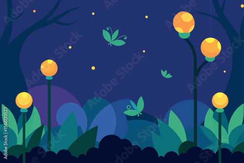 enchanted garden with light orbs and butterflies