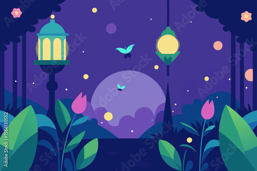 enchanted garden with light orbs and butterflies