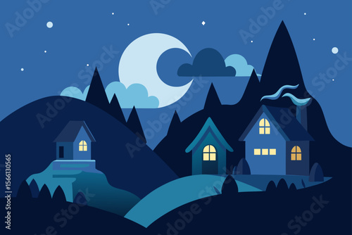 enchanted night village moonlit hills and cozy cot