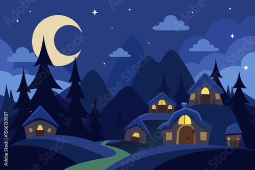 enchanted night village moonlit hills and cozy cot