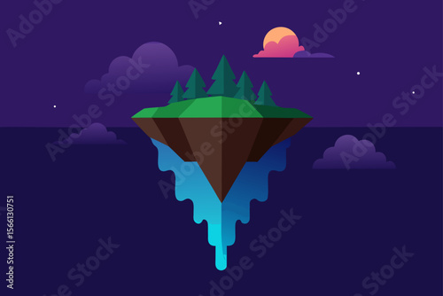 floating island with waterfall in twilight sky