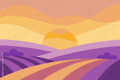 golden sunset over lavender fields and rolling hil