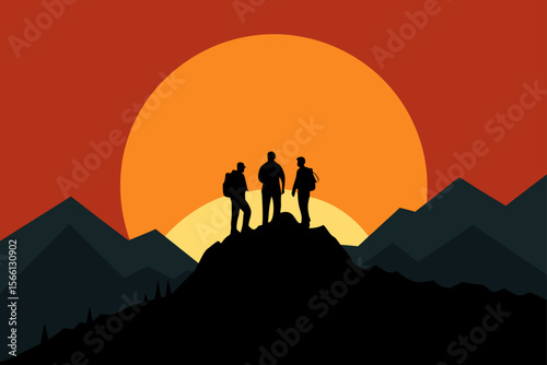 hikers watching sunset from mountain summit