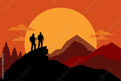 hikers watching sunset from mountain summit