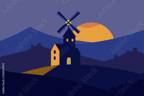 hilltop windmill overlooking a village at dusk