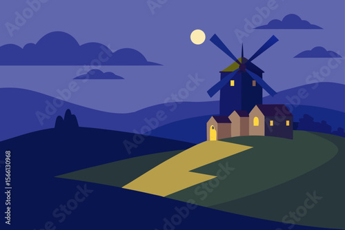 hilltop windmill overlooking a village at dusk