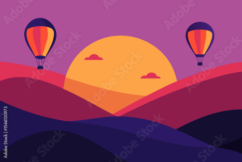 hot air balloons over hills at sunset