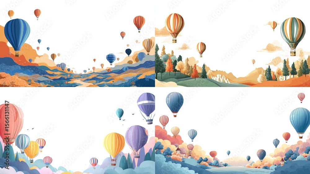 Four panels of a digital painting, showcasing a landscape with hot air balloons. Each scene displays varying colors, with warm tones in some and cool tones in others, all set against a white backdrop Four panels of a digital painting, showcasing a landscape with hot air balloons. Each scene displays varying colors, with warm tones in some and cool tones in others, all set against a white backdrop