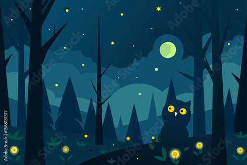 moonlit forest with fireflies and owls